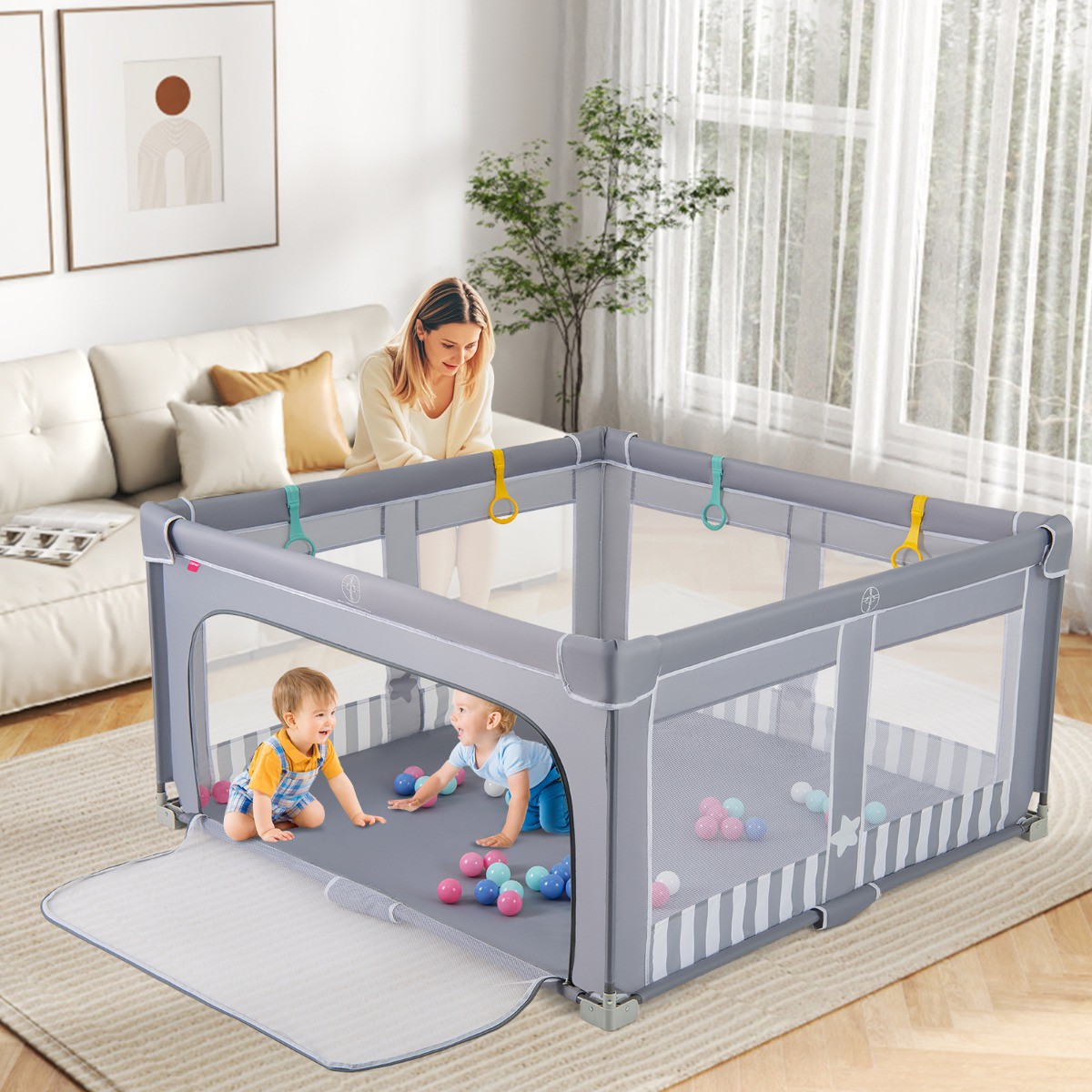 150 x 150 cm Laufstall Baby faltbar Laufgitter mit 50 Bälle 4 Griffe & Reißverschlusstor Hellgrau
