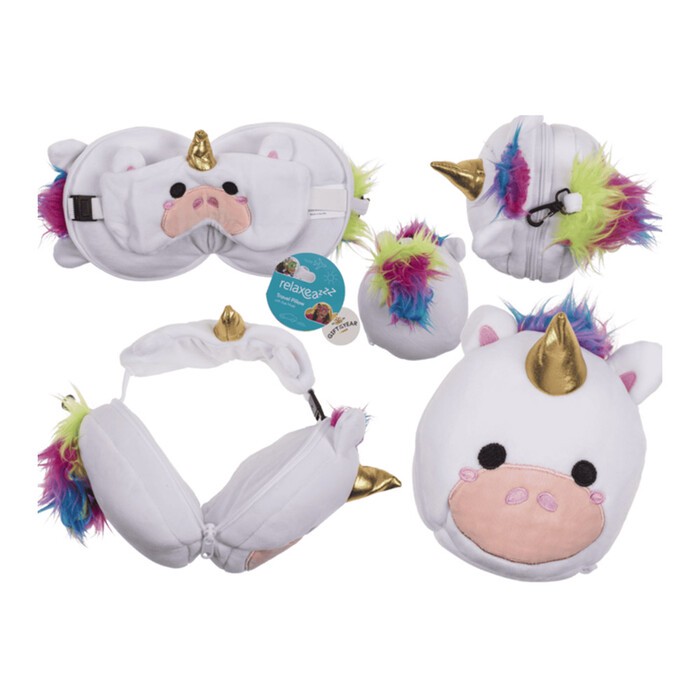 Kinder Plüsch-Reisekissen Einhorn mit Augenmaske ca. 15,5 x 14,5 x 14 cm bunt