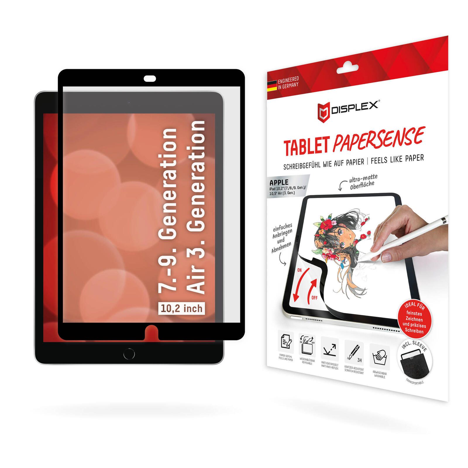 DISPLEX TABLET PAPERSENSE für iPad (7./8./9. Gen.)/Air (3. Gen.), wiederablösbare Schreibfolie und Zeichenfolie mit Paper Feeling