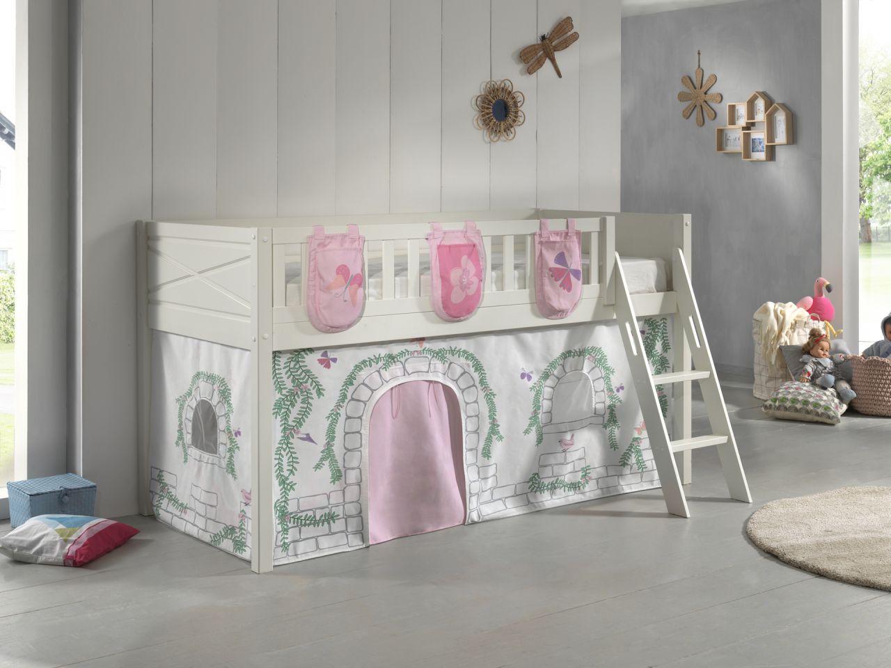 Set Spielbett Vorhang Lattenrost Hochbett Kinderbett 90x200 rosa Prinzessin weiß