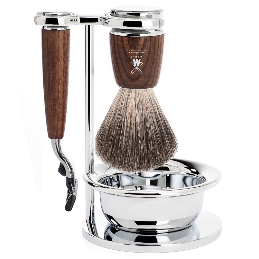 RYTMO 4-teiliges Rasierset, Reines Dachshaar, mit Gillette® Mach3®, Griffmaterial Esche gedämpft