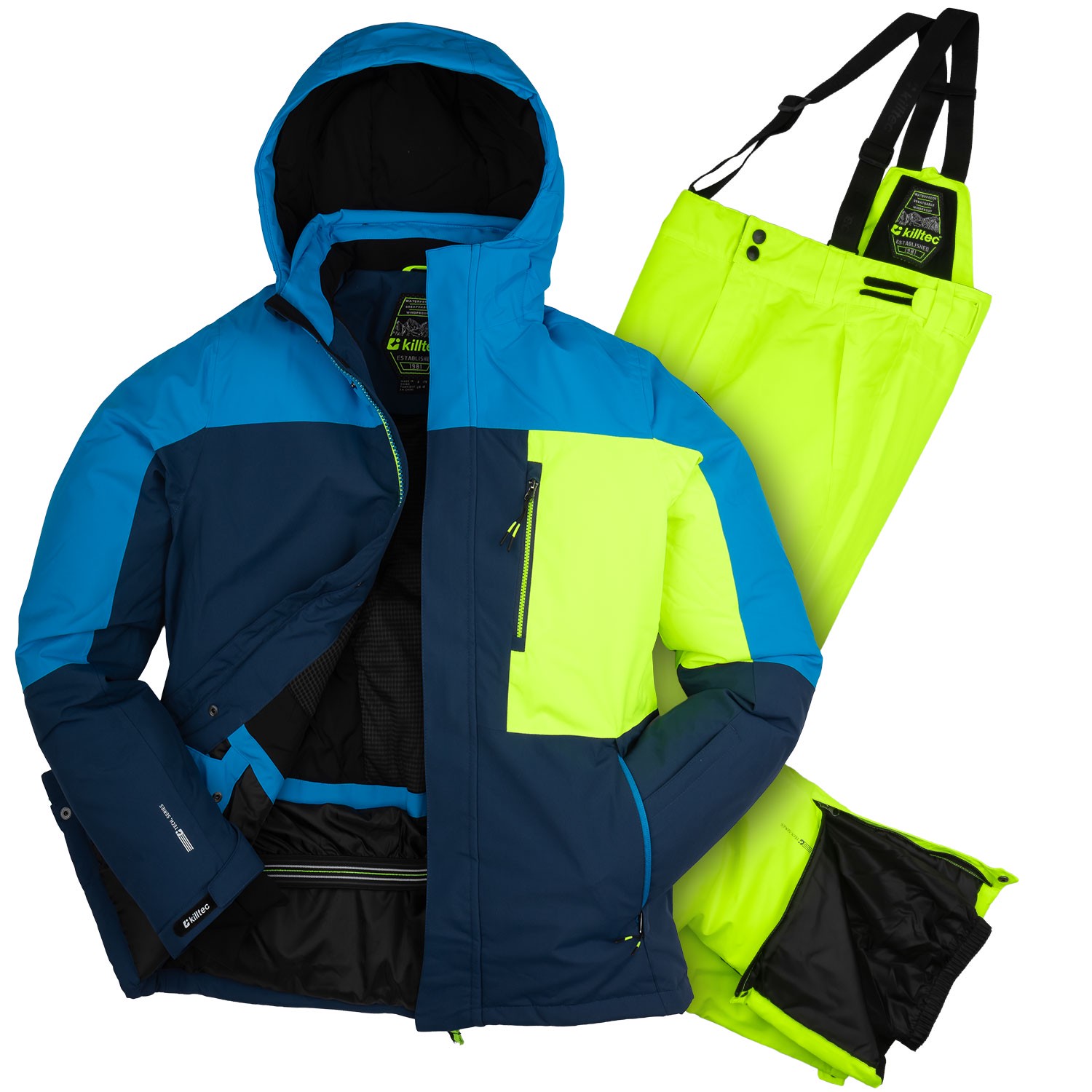 Killtec Skianzug Jungen wasserdicht 10.000 mm, Größe 176, Skihose Skijacke, dunkelblau neongelb