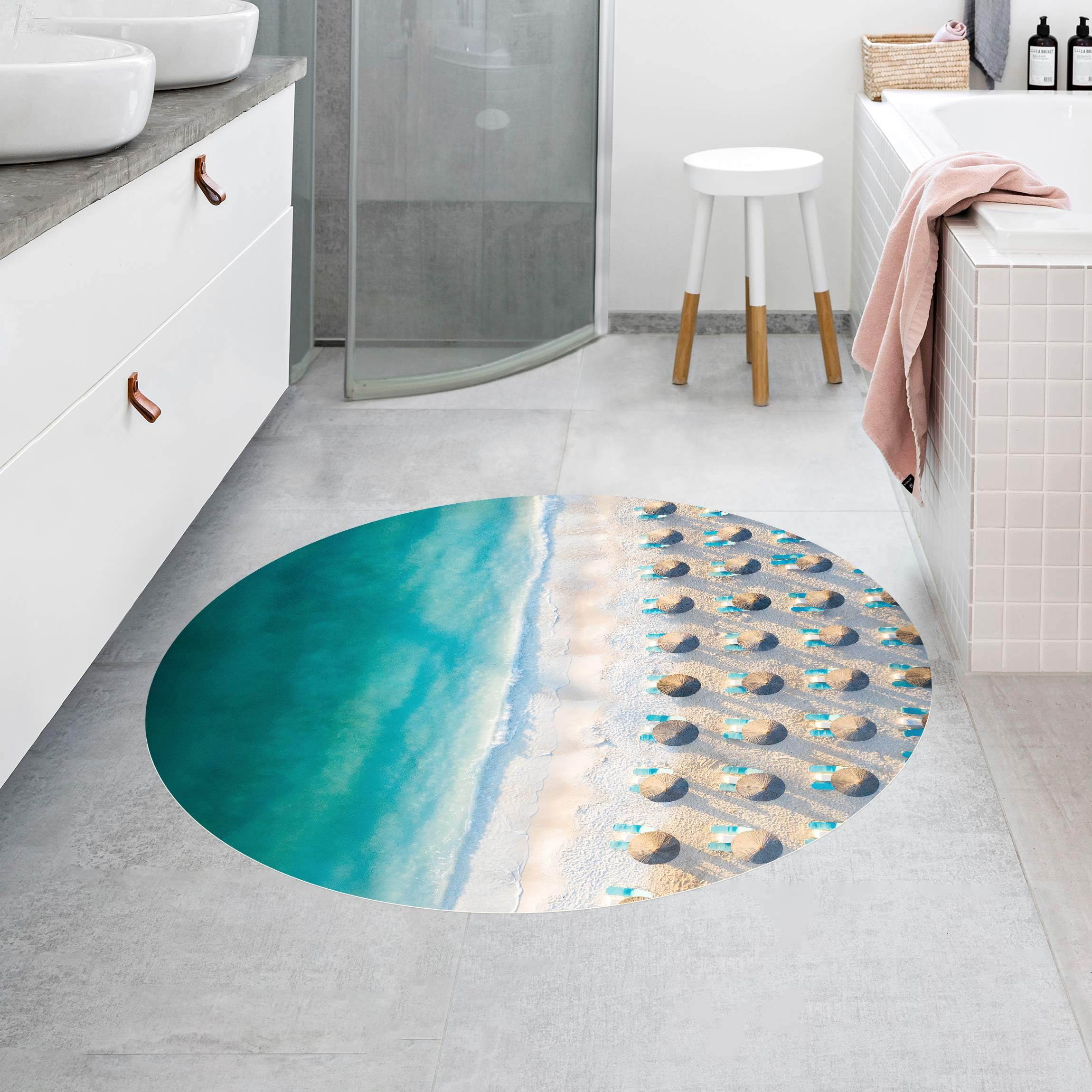Runder Vinyl-Teppich Weißer Sandstrand mit Strohschirmen
