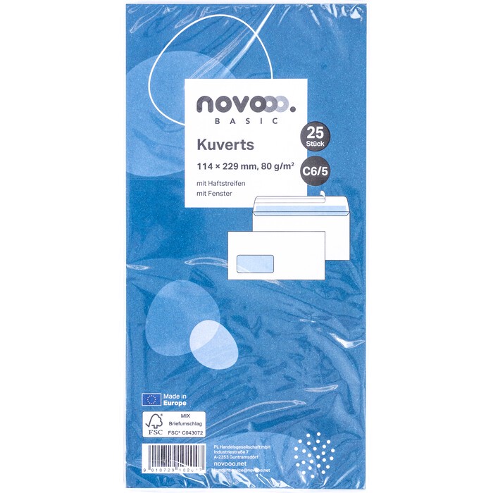 NOVOOO Basic Kuverts C6/5 mit Fenster 25 Stück weiß