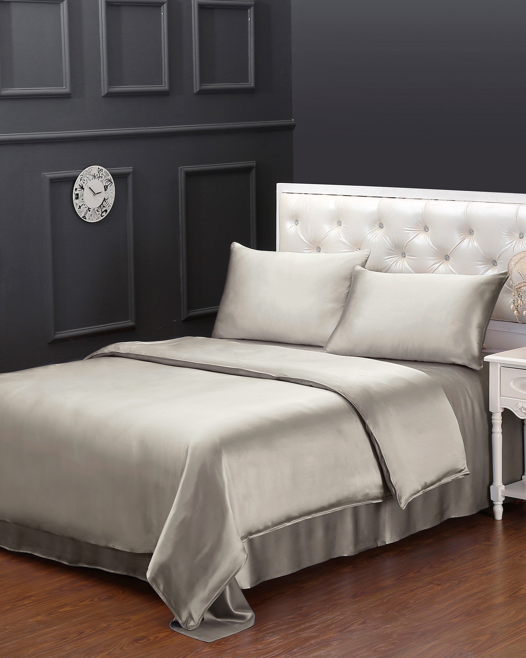 LILYSILK 3tlg Bettwaesche Aus Seide Silber Grau Deutschland 100% Seide Modernen Schlicht Und Leicht Bettwäsche Set 240x220cm + 2x 80x80cm