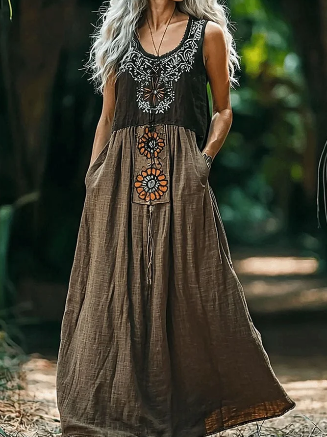 Damen Casual Sommer Ethnisch Geometrie Baumwolle Normal Mikroelastizität Regelmäßige Passform Maxikleid Ärmellos Kleider