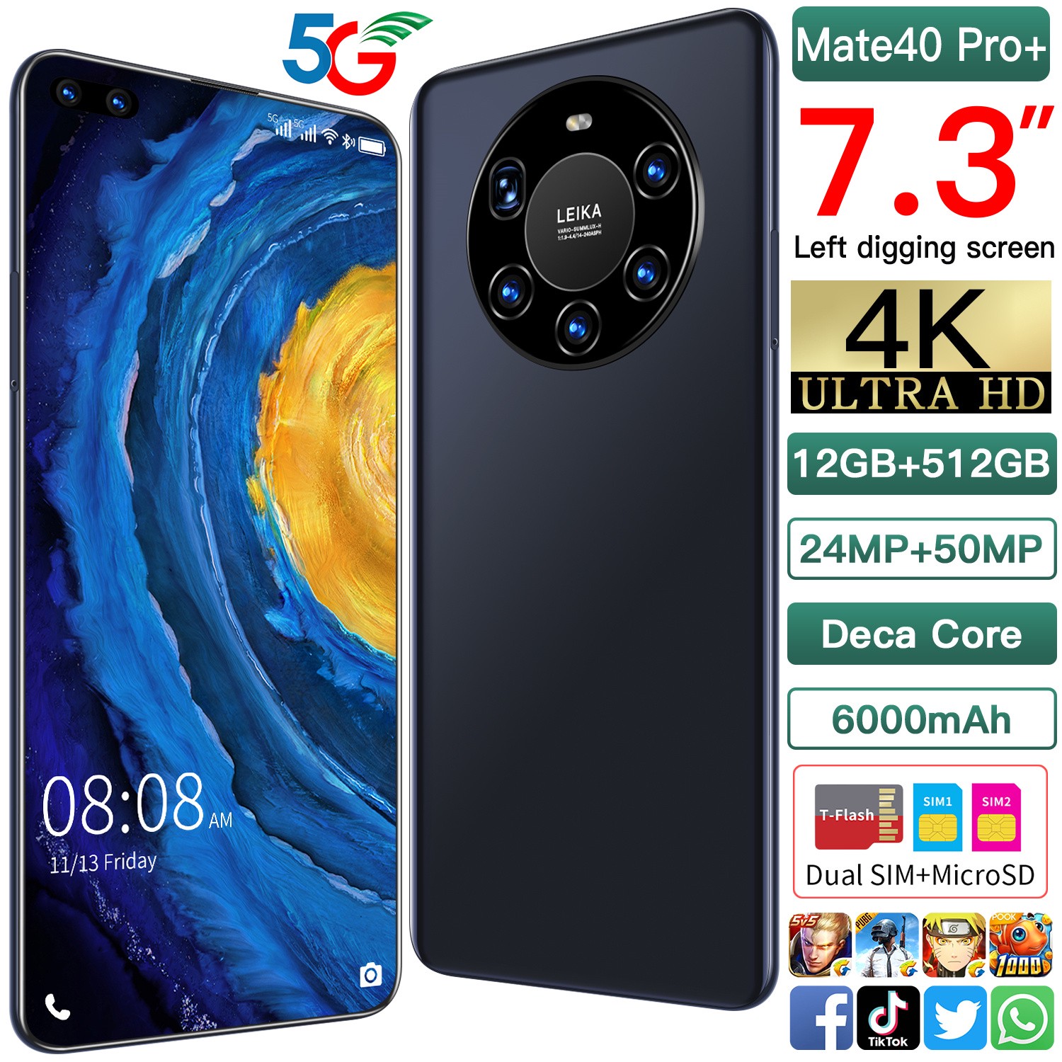 Version globale déverrouillée M40Pro Original Phones Android Smartphone 7,3 pouces Téléphone portable Dual Sim Caméra 5G 4G Cell Smart Phone Smar