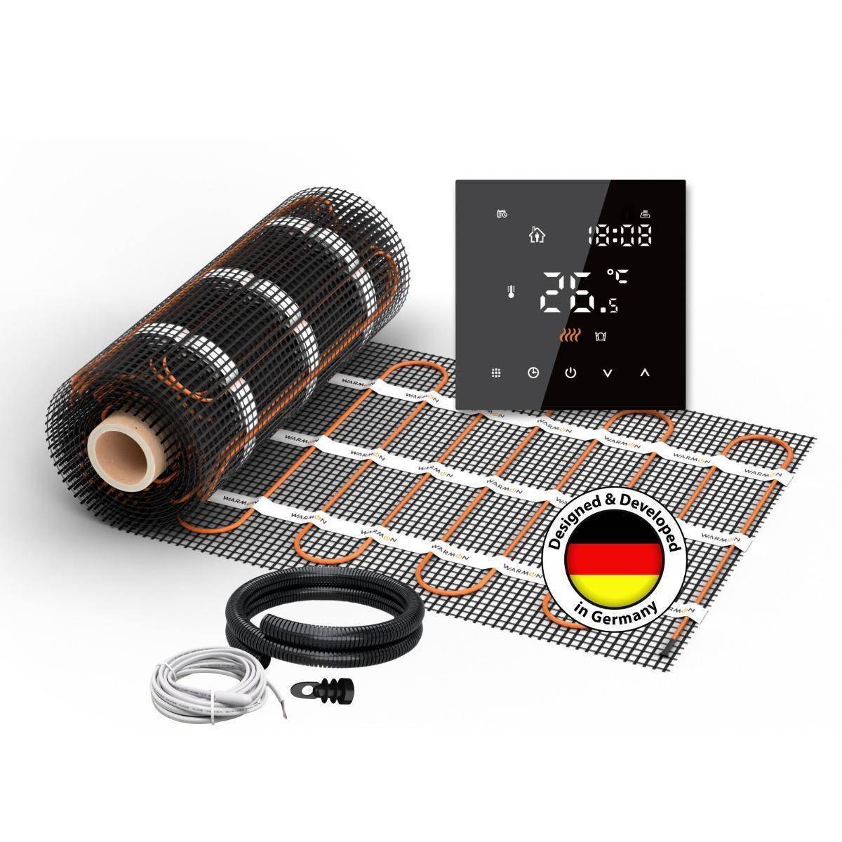 Elektrische Fußbodenheizung für Fliesen: 2x Heizmatten WARMON CLASSIC 150 W/m² (10+6 m²) inkl. TS 300 Thermostat schwarz - 16 m²