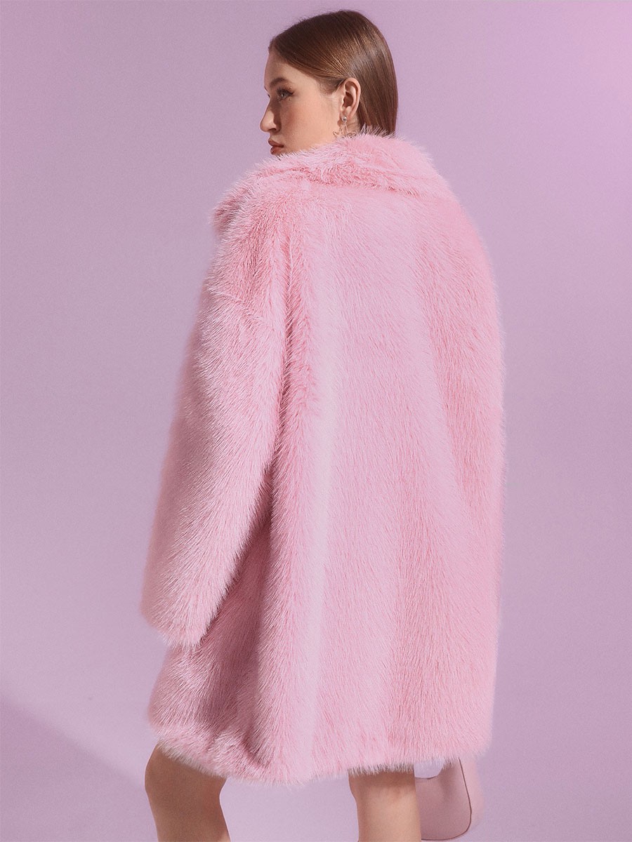 Rosa Kunstpelz Midimantel mit Revers Umweltfreundliche lange Jacke für Damen 2025