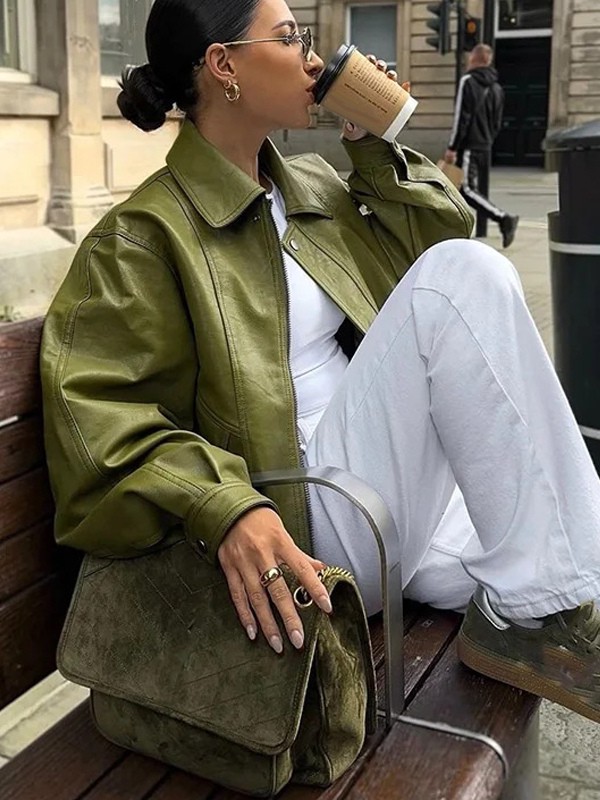 Bomberjacke aus Kunstleder mit Umlegekragen in Grün Frühlingsoberbekleidung für Damen 2025