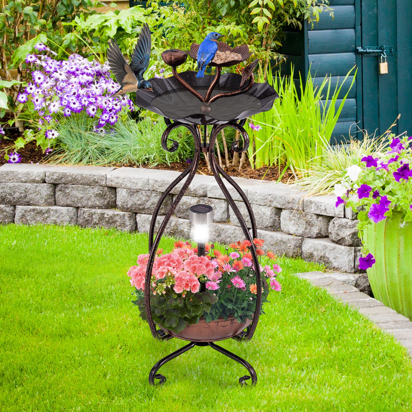 Vogeltränke mit Solarleuchte Vogelbad Futterspender Blumentopf mit dekorativen Lotus & Blättern Bronze
