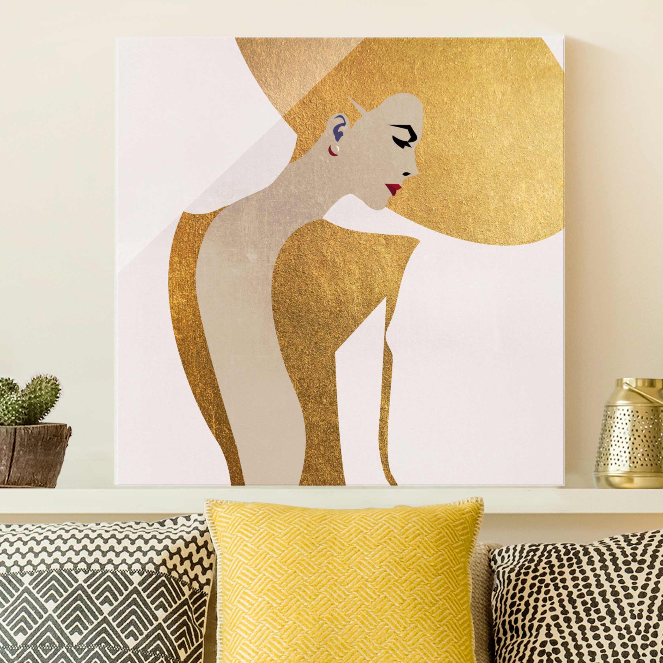 Glasbild Dame mit Hut in Gold