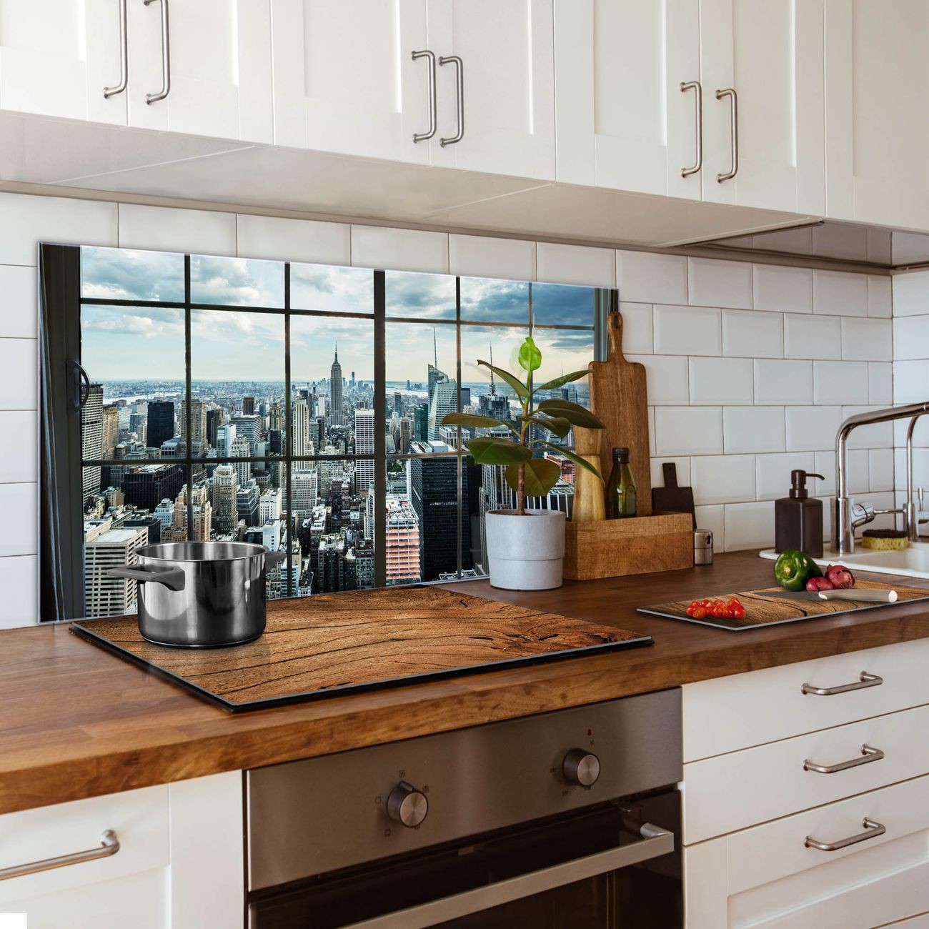 Banjado Küchenspiegel 55x110cm, Spritzschutz Glas Herd für alle Untergründe ohne Bohren, Sicherheitsglas, magnetisch beschreibbar, Motiv Manhattan