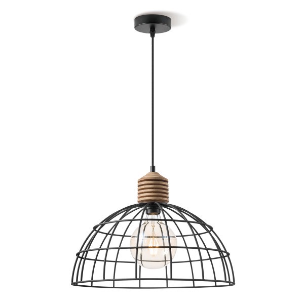 Pendelleuchte VINTO schwarz - Draht und Holz - E27 - 40cm Durchmess...