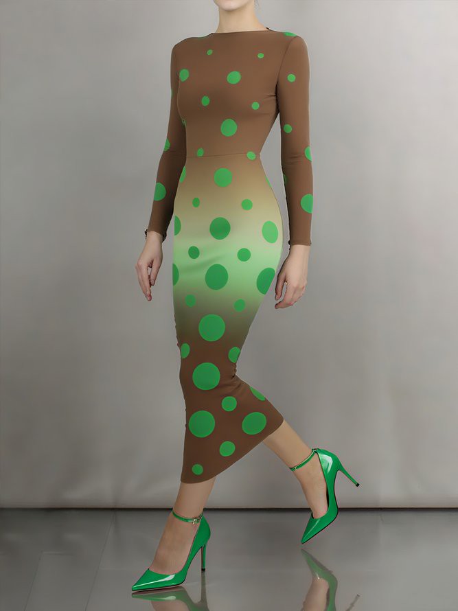 Damen Polka Dots Frühling/Herbst Elegant Print Ballon-Ärmel Regelmäßige Passform Maxikleid Langarm T-Shirt-Kleid Kleider