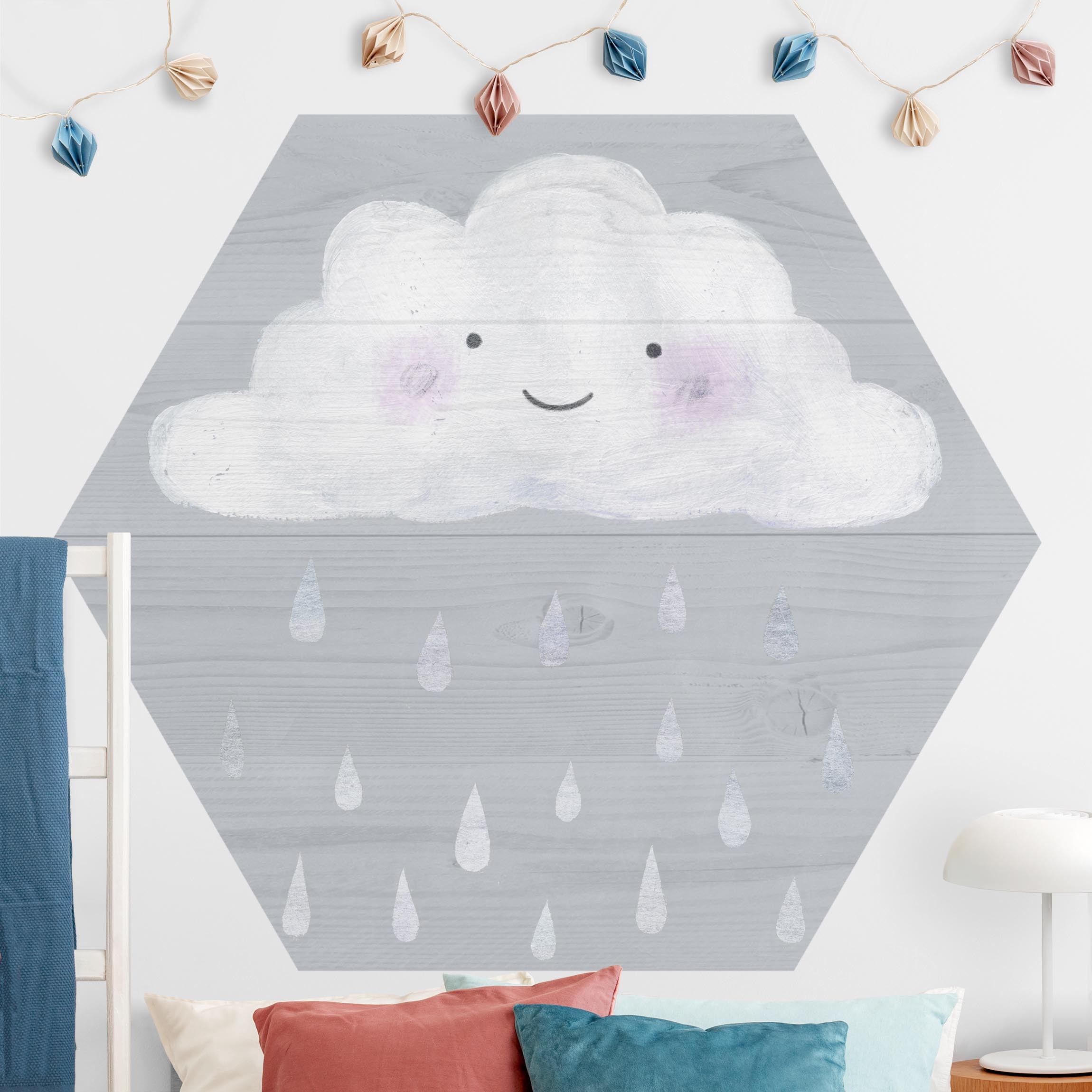 Hexagon Fototapete selbstklebend Wolke mit silbernen Regentropfen