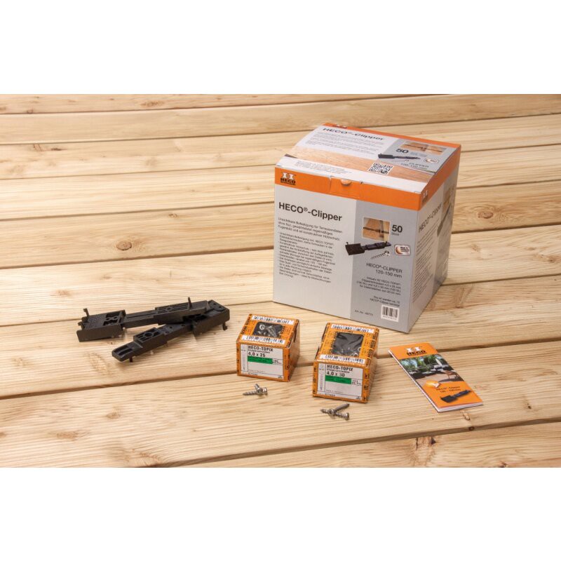 HECO-Clipperset für unsichtbare Befestigung von Holz- oder WPC-Terrassenbelägen ohne Nut