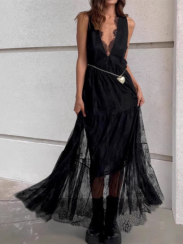 Tiefer V-Ausschnitt Spitzenkleid Ärmelloses Sommer Langes Kleid Für Frauen 2025