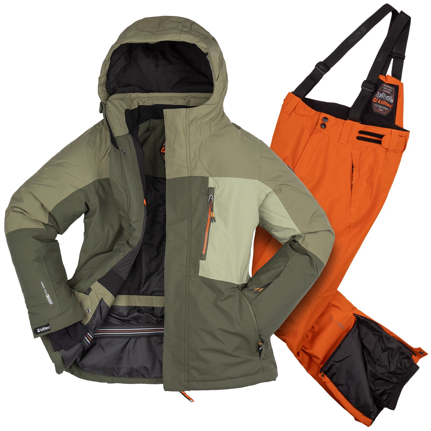 Killtec Skianzug Jungen wasserdicht 10.000 mm, Größe 140, Skihose Skijacke, olive + braun