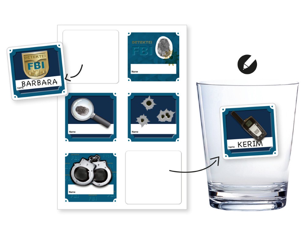 6 Detektiv-Abenteuer Namensaufkleber