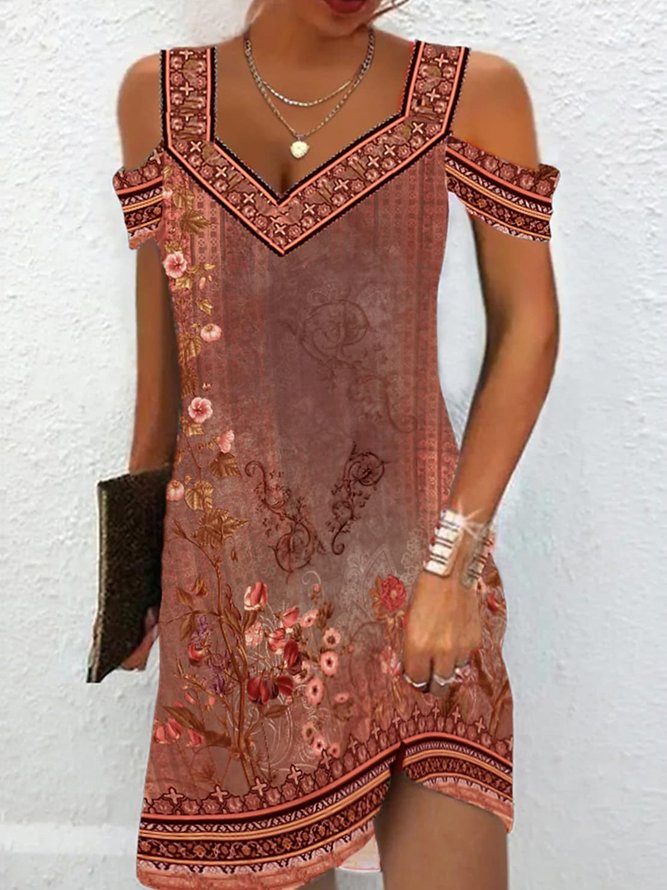 Lässig Geblümt Sommer V-Ausschnitt Weit Bestseller Kurzarm T-Shirt-Kleid Regelmäßig Kleider für Damen