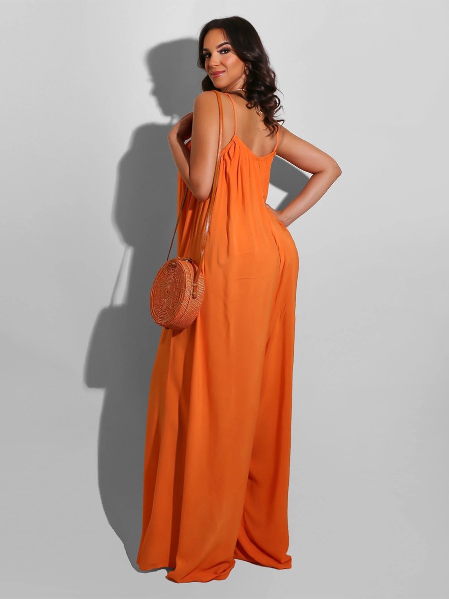 Plain Oversized Jumpsuit Spaghetti Straps Backless Resort Casual 1 Piece Outfit
