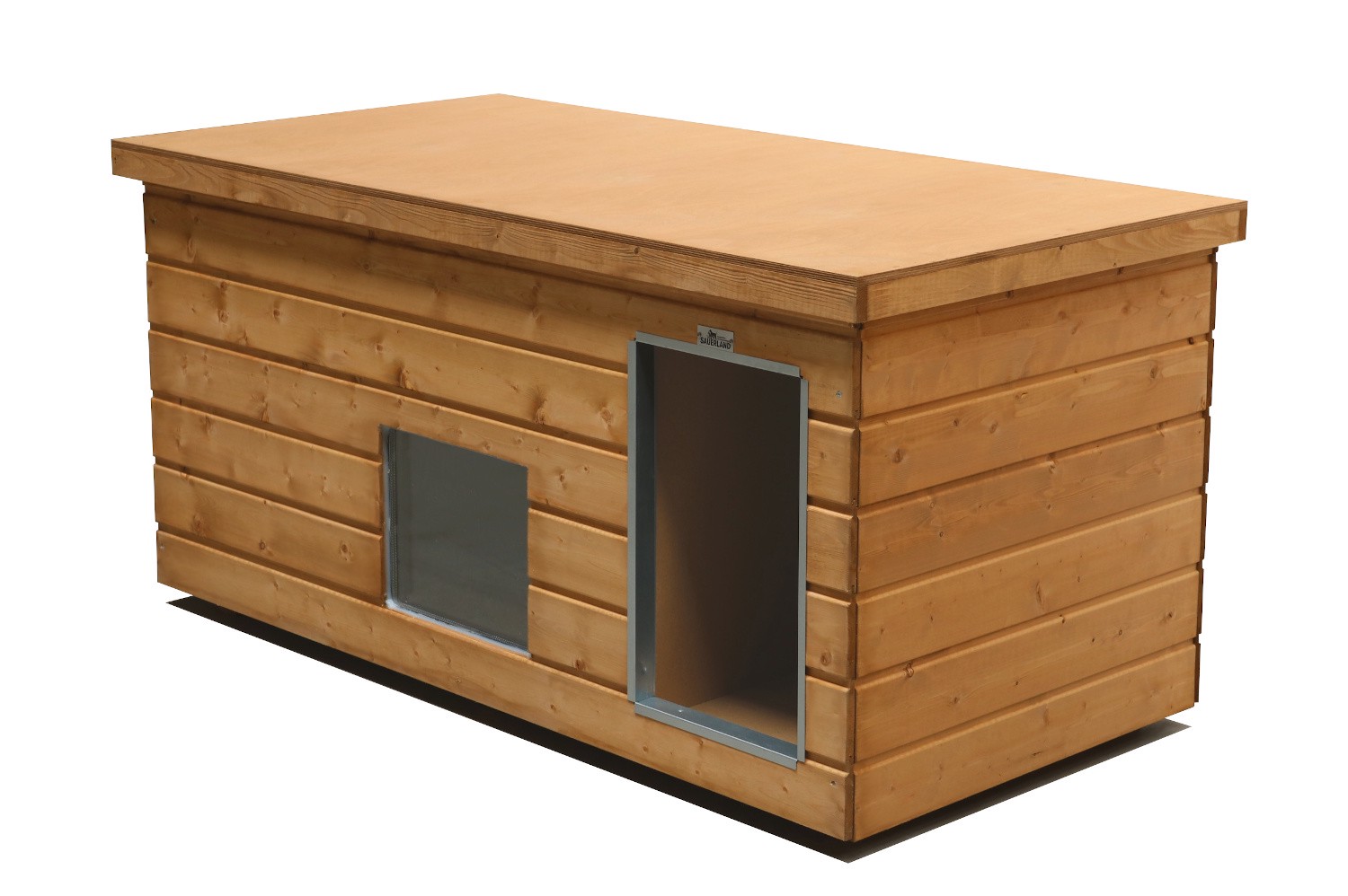 Original SAUERLAND Holz-Hundehütte mit Vorraum und Fenster, braun imprägniert | ...
