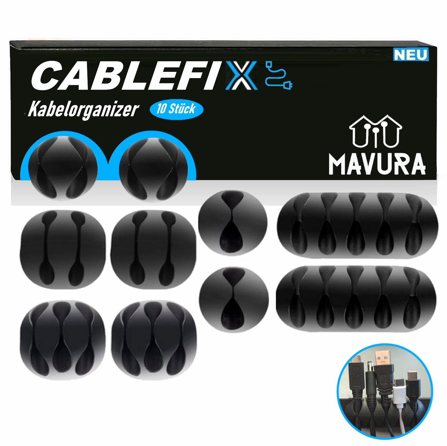 CABLEFIX Kabelführung Kabelclips Kabelhalter selbstklebend schwarz 10er Set