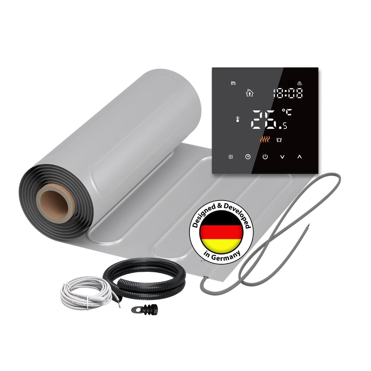 Elektrische Fußbodenheizung für Laminat: 2x Heizmatten WARMON ALU 150 W/m² (12+8 m²)inkl. TS 300 Thermostat schwarz - 20 m²