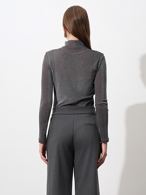 Sheer Mesh T-shirt For Women Rhinestone Long Sleeves Ruffle Turtleneck Top 2025