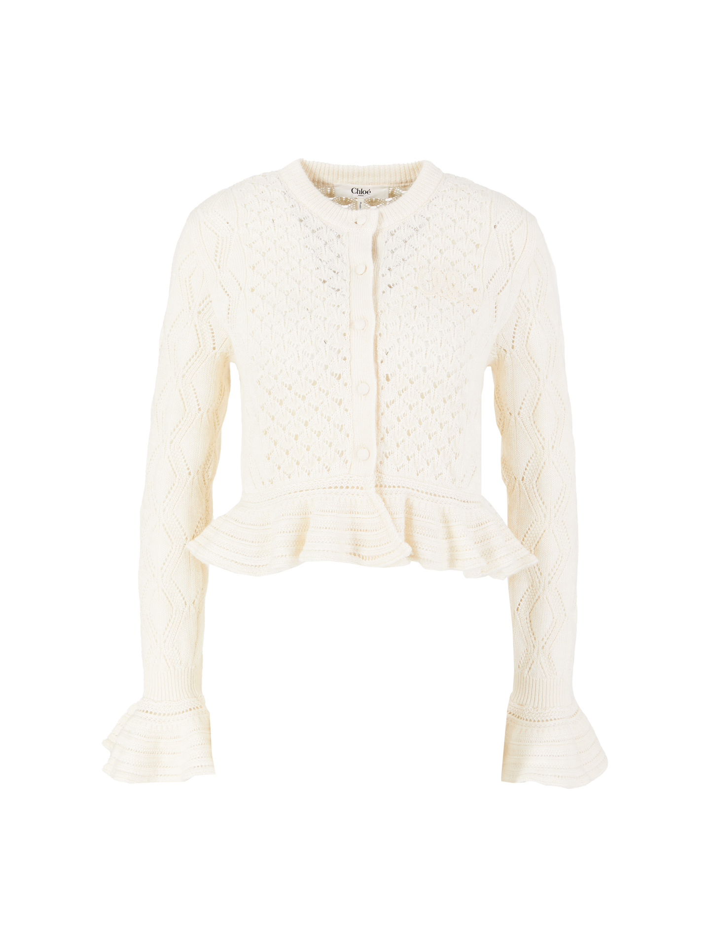 Gerüschte Strickjacke aus Wolle und Seide Crème