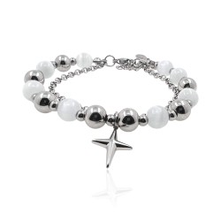 MARTIN1985 Modisches Kreuzanhänger Armband Damen mit Edelstahl- und weißen Katzenaugenperlen Geschenkverpackung