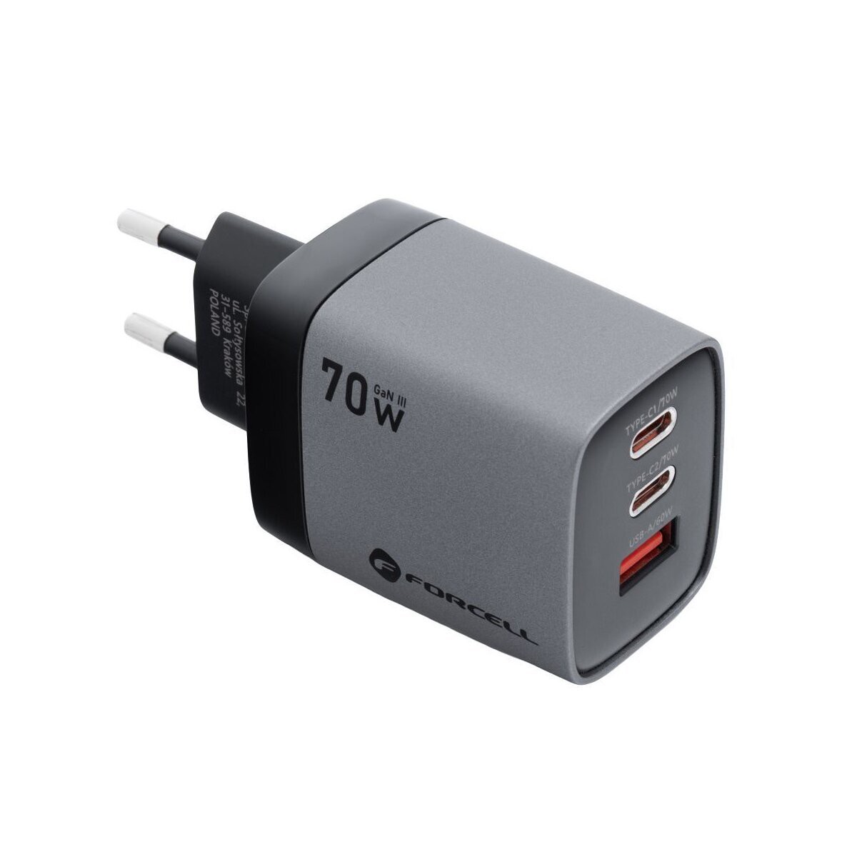 FORCELL GaN Ladegerät 70W LCD 2x USB-C + USB-A Grau