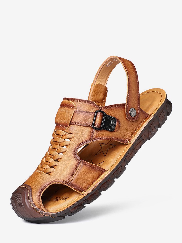 Mens Sandals Leather Closed Toe Outdoor Walking Sandals Summer Anti-Slip Beach Sandals