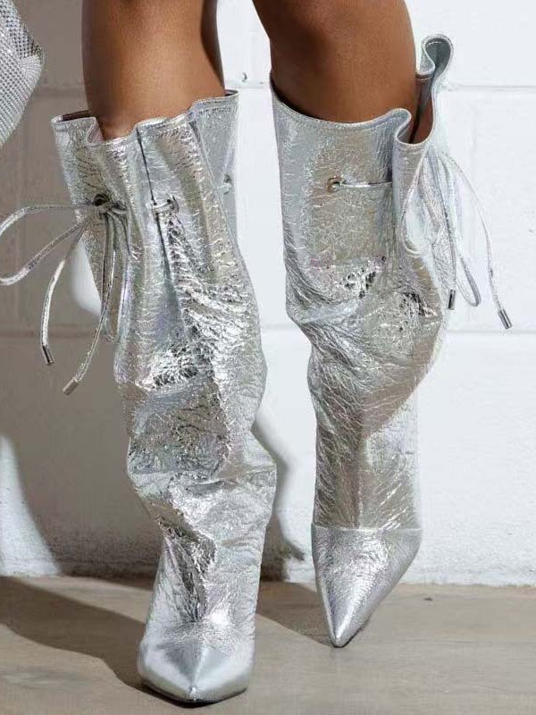 Silberne Stiefel mit weitem Schaft und spitzer Spitze Schnürstiefel mit hohem Absatz für Damen