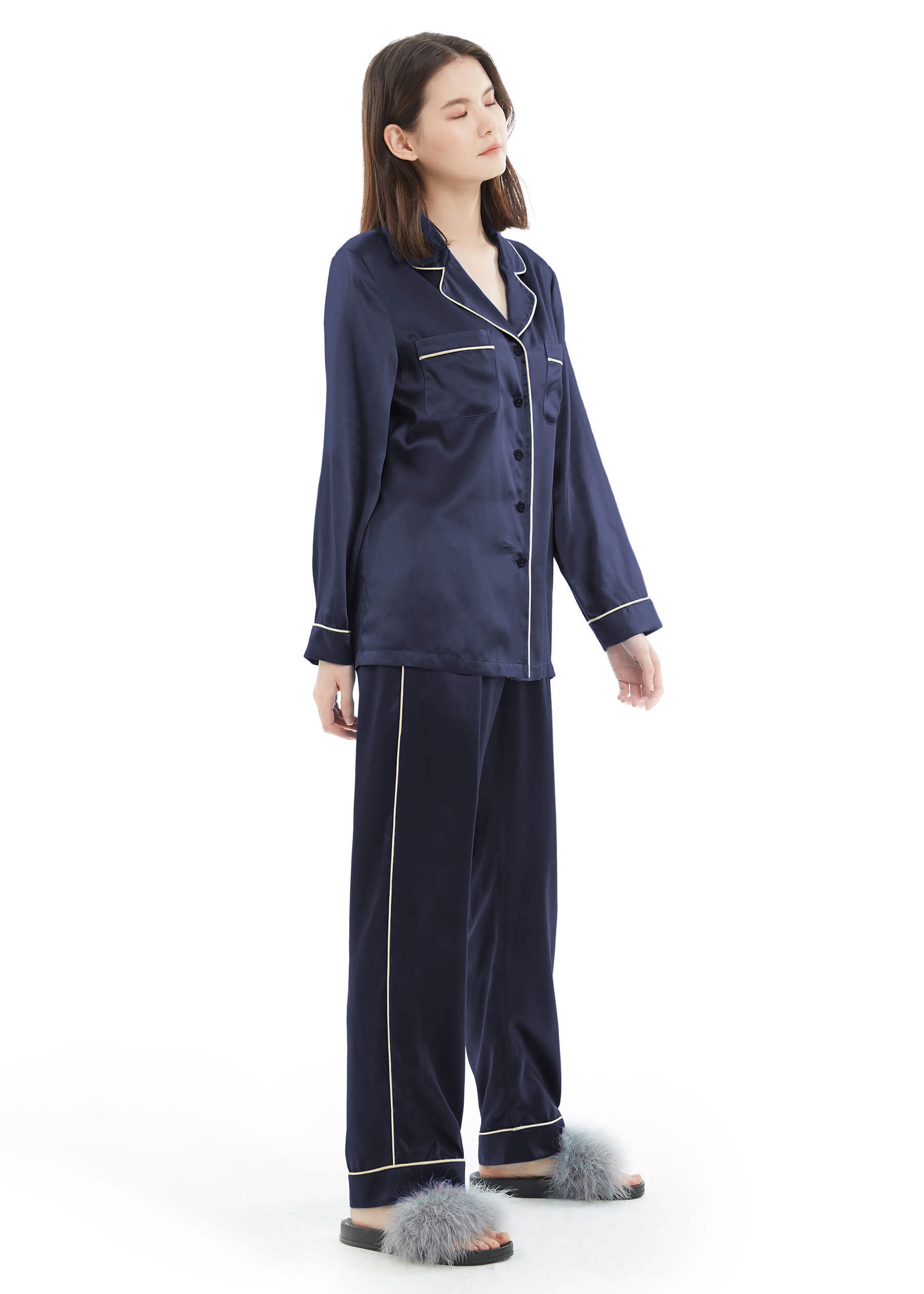 LILYSILK Seiden Pyjama Set Damen Dunkel Blau Deutschland Charmeuse Seide Glatt Hautfreundlich Und Atmungsaktiv XS