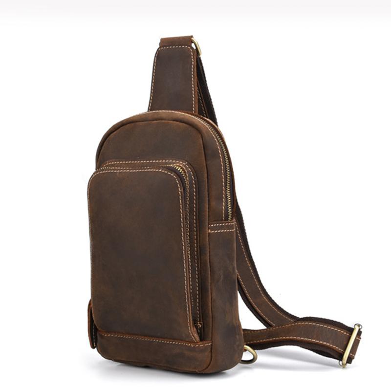 Backpack Men Single Rucksack Cross Body Messenger Chest Bag Retro Genuine Leather Sling Knapsack