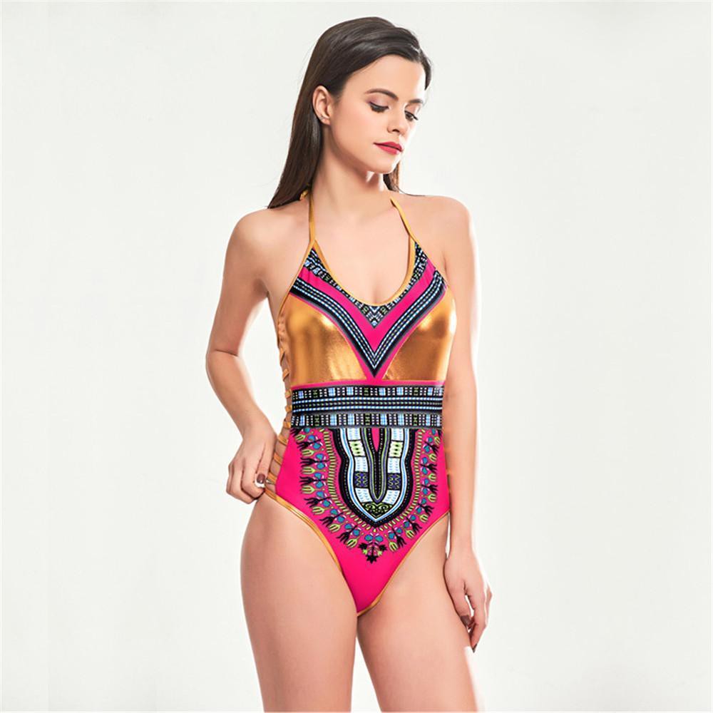 Europe Nouveau Maillot de bain Coloré Gold Red Patchwork Contraste Contraste Couleur Bronzing Imprimer une pièce Maillots de bain Sexy Dame Noble