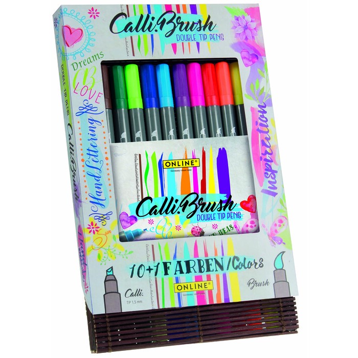 ONLINE Calli.Brush Double Tip Pens, 11 Stück im Bambus-Etui (Hand Lettering + Brush Lettering)