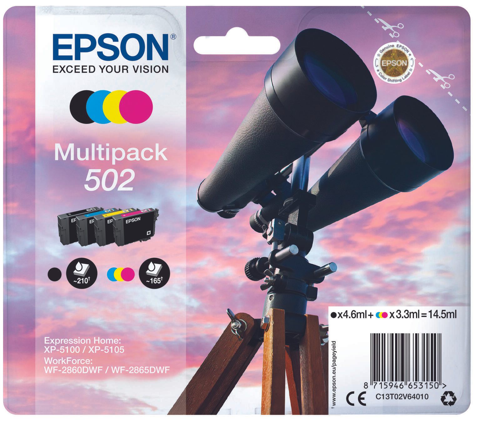 Epson Original 502 Fernglas Druckerpatronen - 4er Multipack (C13T02V64010)