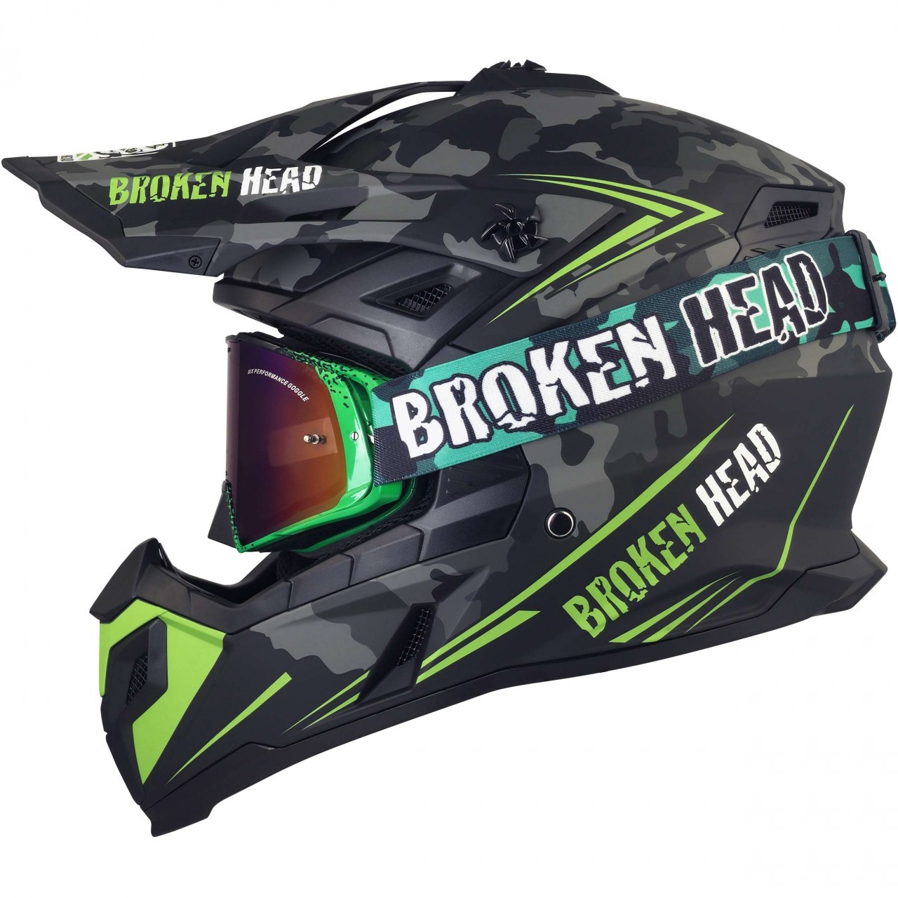 Broken Head Crosshelm Squadron Grau + MX-Brille Regulator Grün Verspiegelt