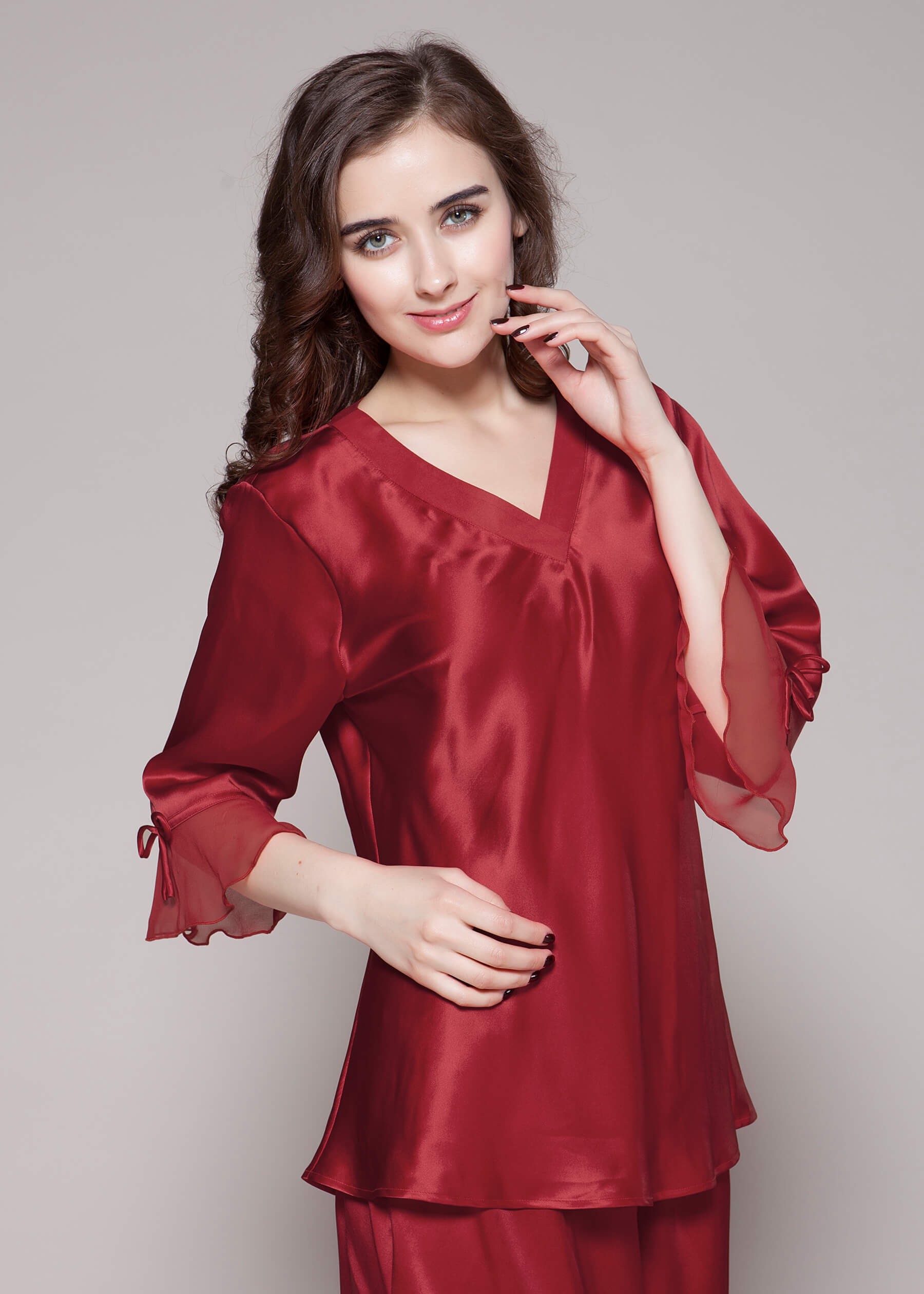 LILYSILK Pyjama Soie Femme Rouge Vineux Manches 3/4 Bordées De Dentelle 100% Soie De Mûrier Respirant Super Léger M