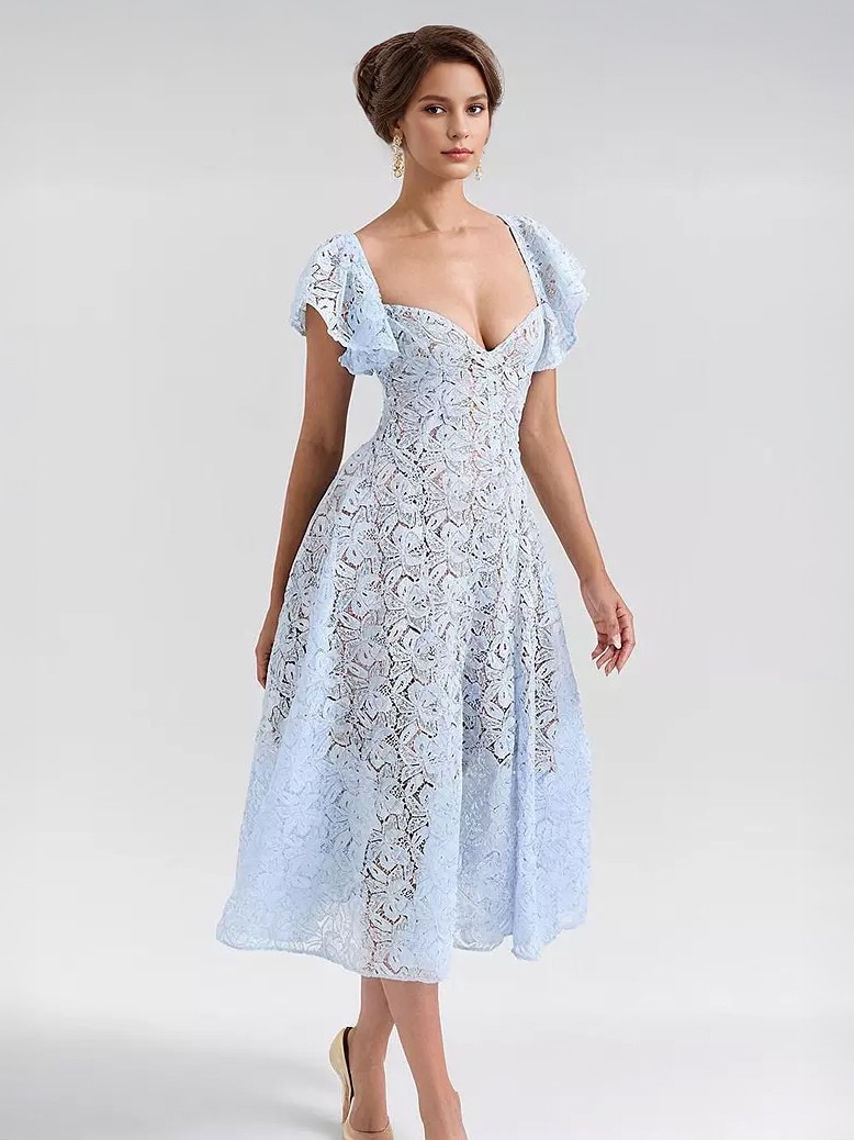 Blaues Spitzenkleid mit Schmetterlingsärmeln herzförmiger Ausschnitt A-Linie transparentes Midikleid für Damen 2025