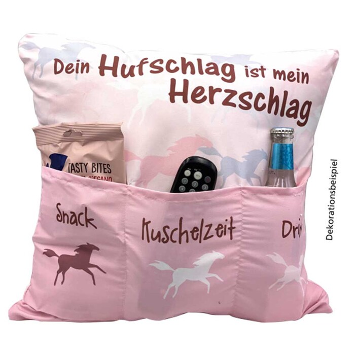 Kissen Dein Hufschlag ist mein Herzschlag! mit 3 Taschen rosa