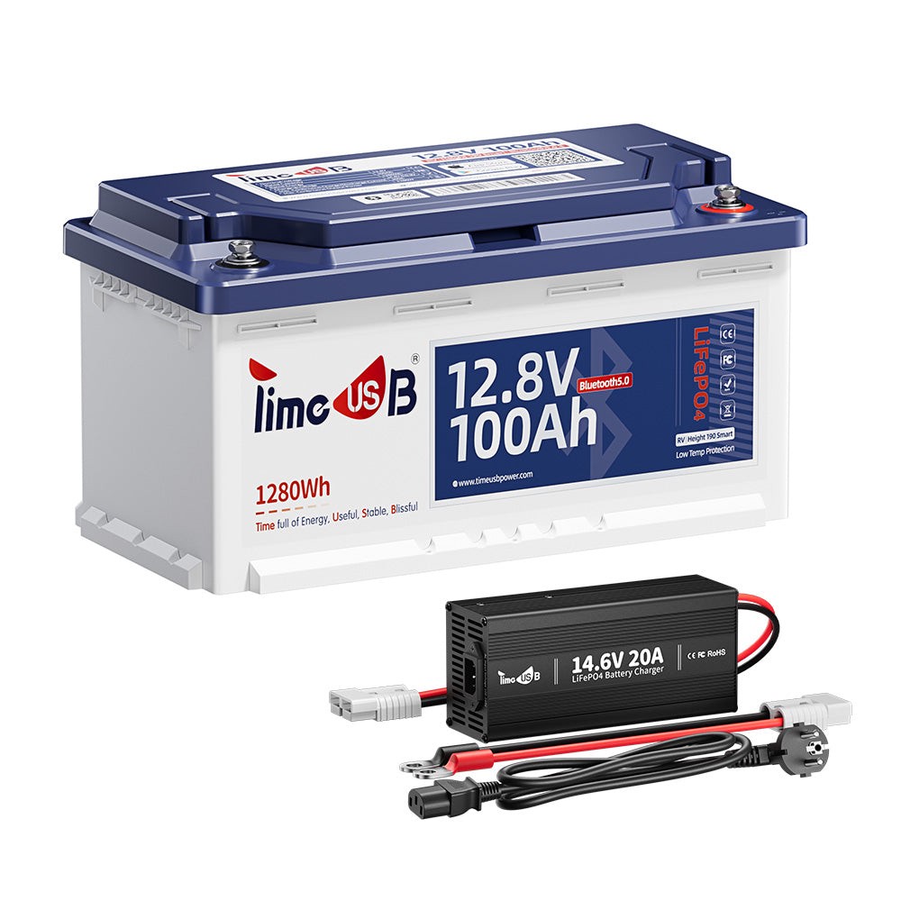 Timeusb 12V 100Ah H190 Smart Batterie mit Bluetooth und Tieftemperaturschutz, 1 Stück mit 14.6V 20A Ladegerät (5% sparen)