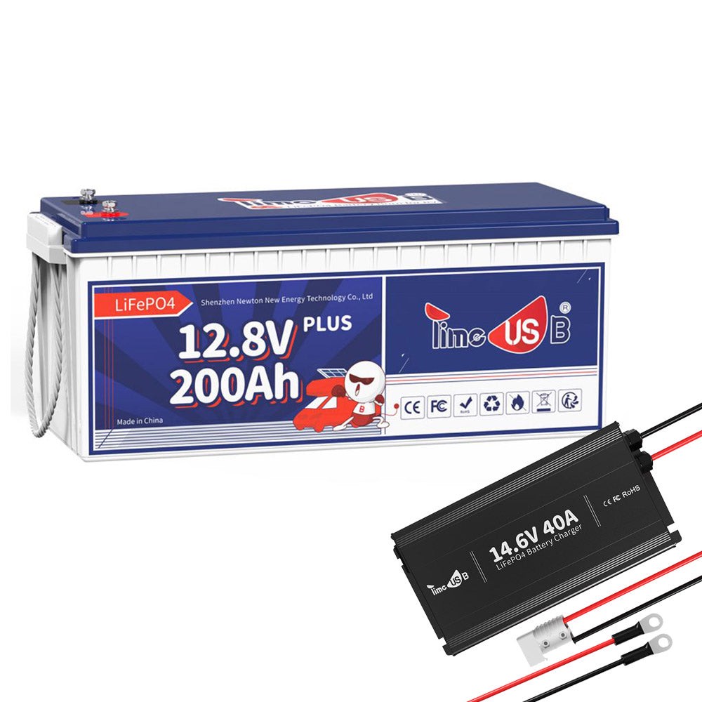 Timeusb LiFePO4 200Ah Plus 12 Volt Batterie, 1 Stück mit 14.6V 40A Ladegerät (5% sparen)