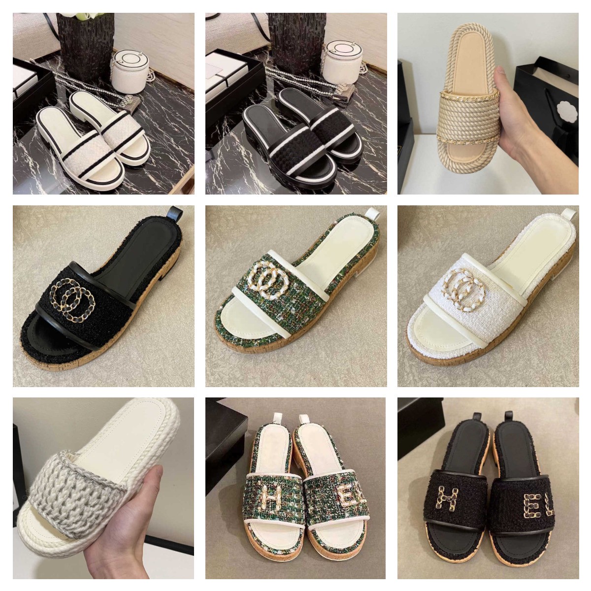 Claquettes plateformes blanches Tweed Gold Chain chaussures sandales Cork Mules Espadrille Flat Sandal Lambskin Slip Sandals talon designer femme