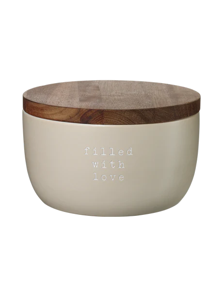 Keks Dose FILLED WITH LOVE 9 cm hoch Vorratsdose aus Keramik beige m. Akazienholzdeckel 