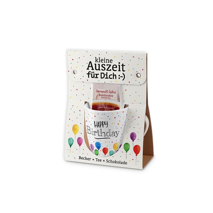 Geschenk-Set Happy Birthday Becher + Tee + Schokolade bunt