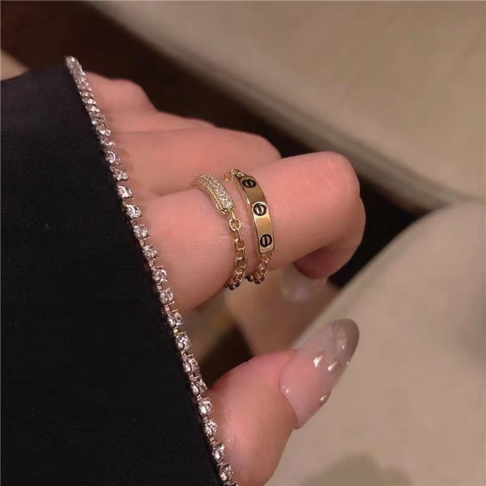 Double diamond opening adjustable zircon noble chain elegant versatile index finger ring girl